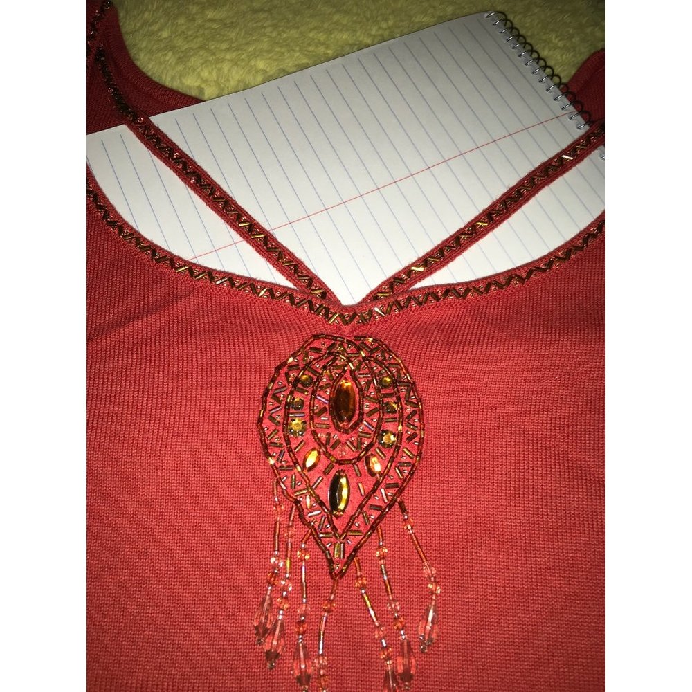 Rust Beaded Neckline Sweater size 1X with Gold Beaded Accents and Danglies